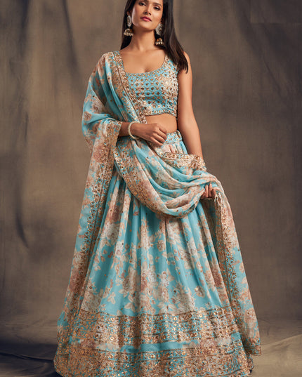 Beautiful Sky Blue Organza Embroidered Designer Lehenga Choli