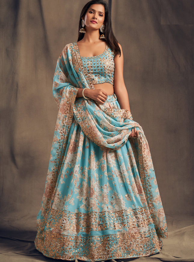 Beautiful Sky Blue Organza Embroidered Designer Lehenga Choli
