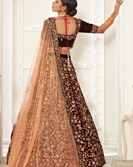 Stylish Maroon Velvet Embroidered Bridal Lehenga Choli