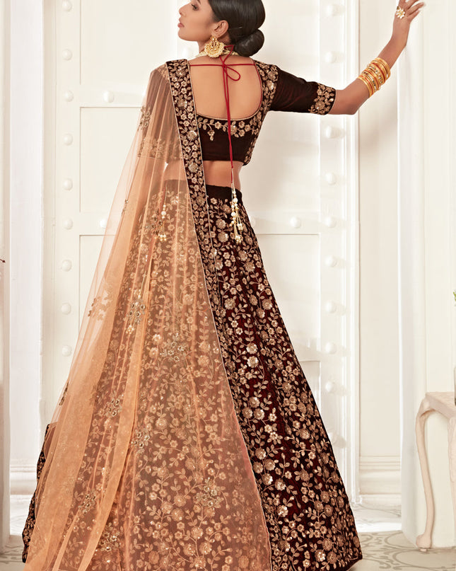 Stylish Maroon Velvet Embroidered Bridal Lehenga Choli