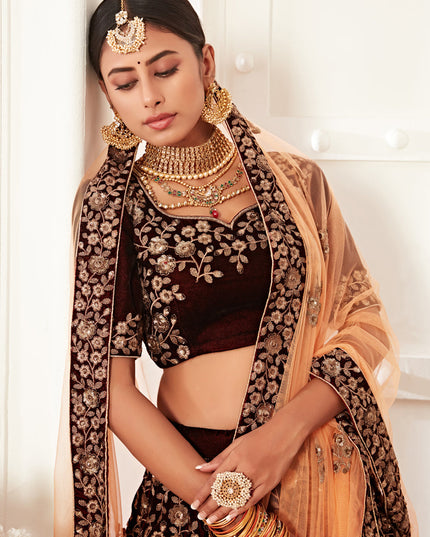 Stylish Maroon Velvet Embroidered Bridal Lehenga Choli