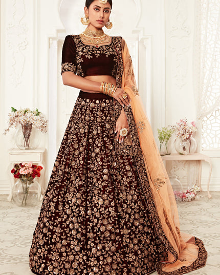 Stylish Maroon Velvet Embroidered Bridal Lehenga Choli