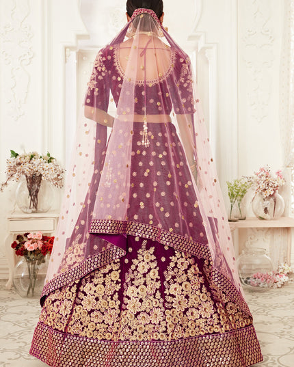 Beautiful Purple Velvet Embroidered Bridal Lehenga Choli