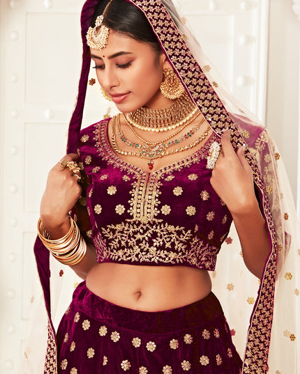 Beautiful Purple Velvet Embroidered Bridal Lehenga Choli