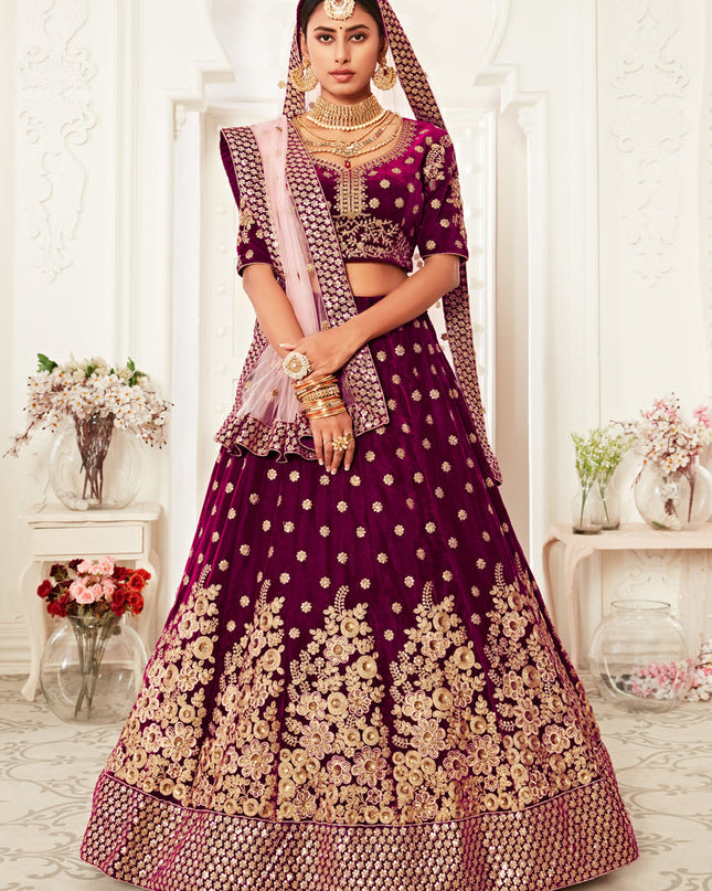 Beautiful Purple Velvet Embroidered Bridal Lehenga Choli