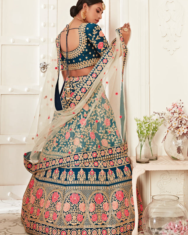 Voguish Blue Slub Silk Embroidered Bridal Lehenga Choli