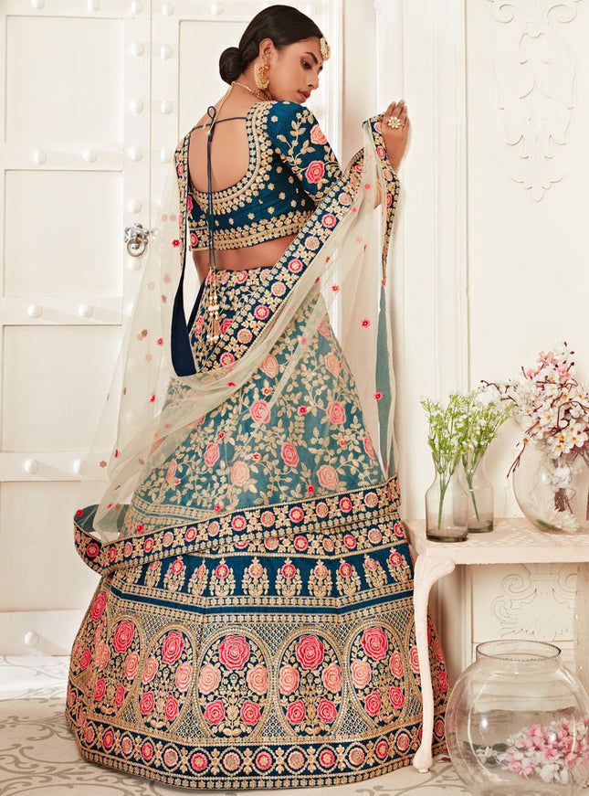 Voguish Blue Slub Silk Embroidered Bridal Lehenga Choli