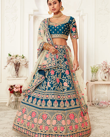 Voguish Blue Slub Silk Embroidered Bridal Lehenga Choli