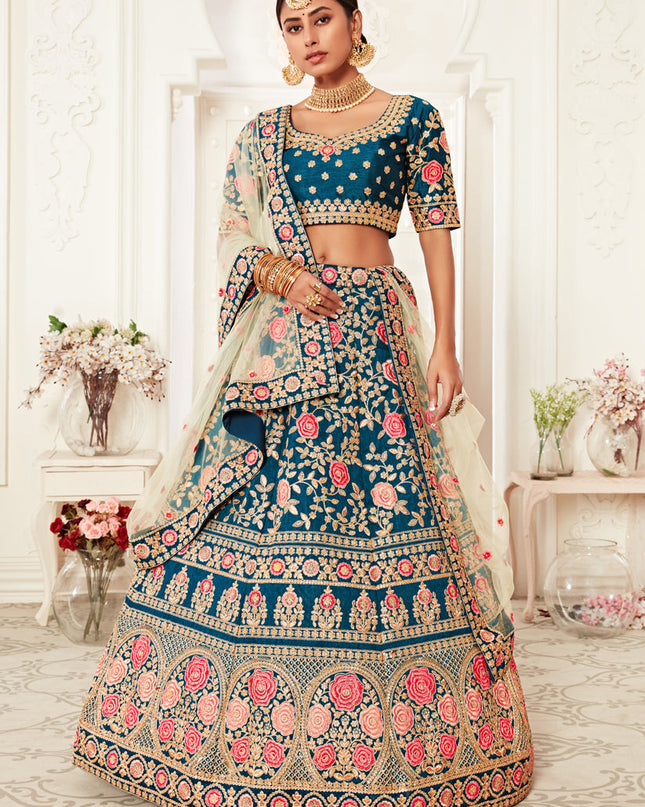 Voguish Blue Slub Silk Embroidered Bridal Lehenga Choli