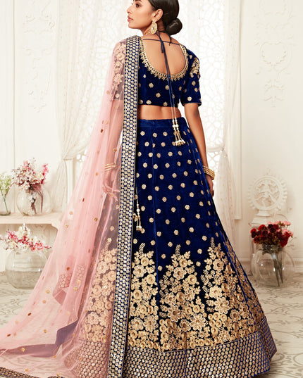 Opulent Navy Blue Velvet Embroidered Bridal Lehenga Choli