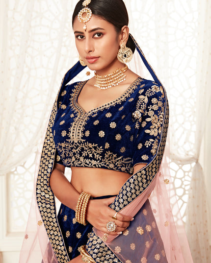 Opulent Navy Blue Velvet Embroidered Bridal Lehenga Choli