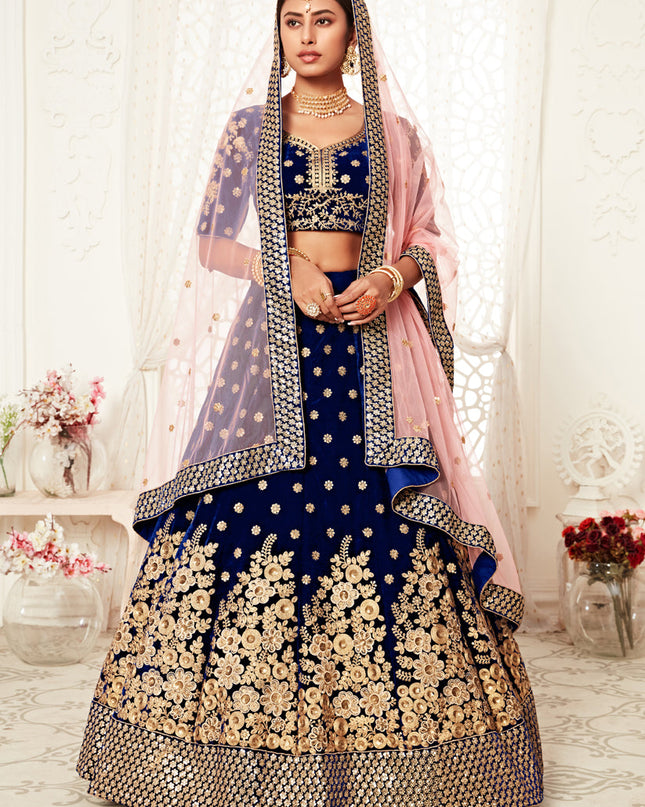 Opulent Navy Blue Velvet Embroidered Bridal Lehenga Choli