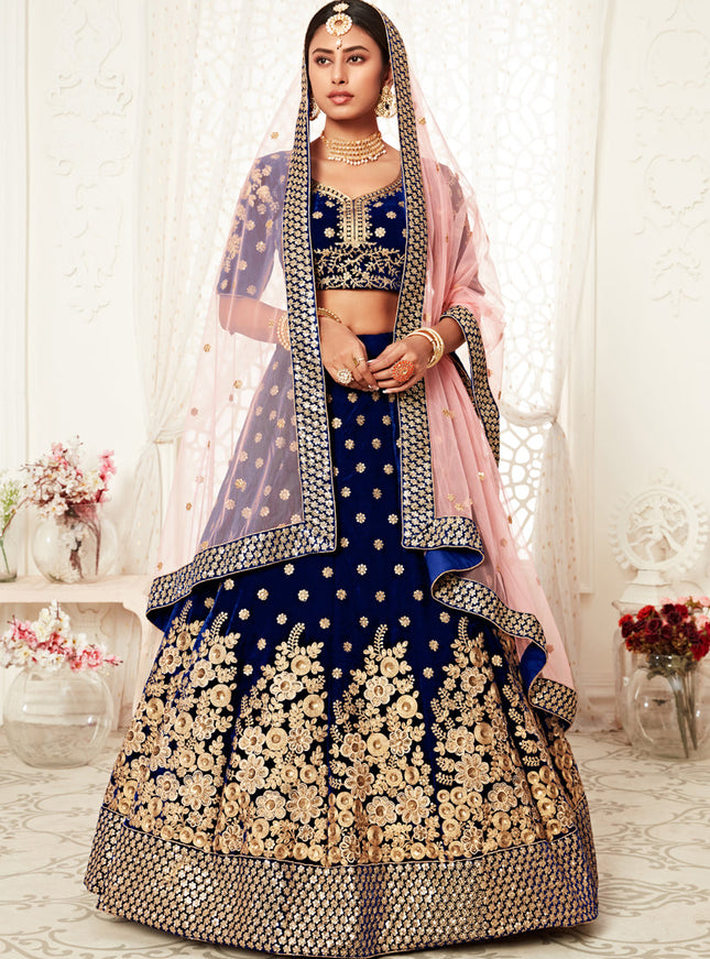 Opulent Navy Blue Velvet Embroidered Bridal Lehenga Choli