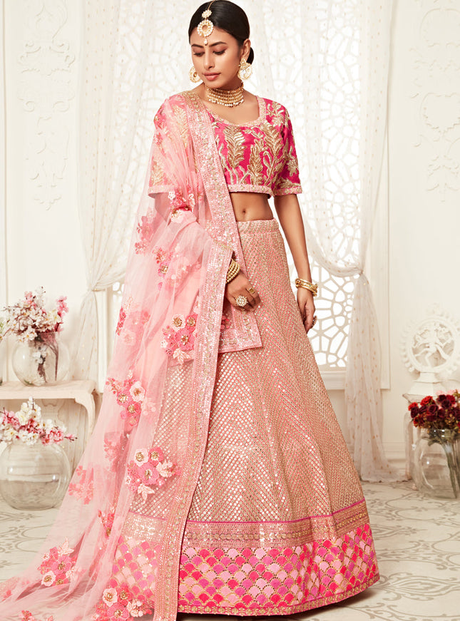 Striking Pink Soft Net Embroidered Bridal Lehenga Choli