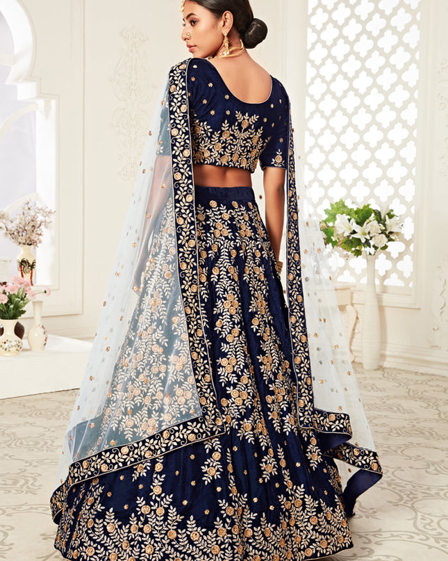 Flawless Navy Blue Velvet Embroidered Bridal Lehenga Choli