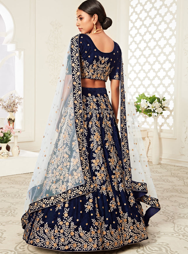 Flawless Navy Blue Velvet Embroidered Bridal Lehenga Choli