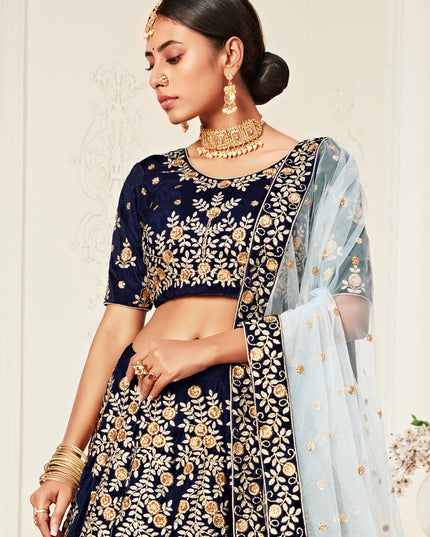 Flawless Navy Blue Velvet Embroidered Bridal Lehenga Choli