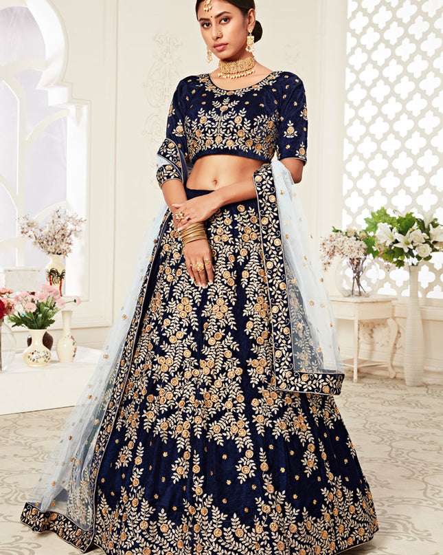Flawless Navy Blue Velvet Embroidered Bridal Lehenga Choli
