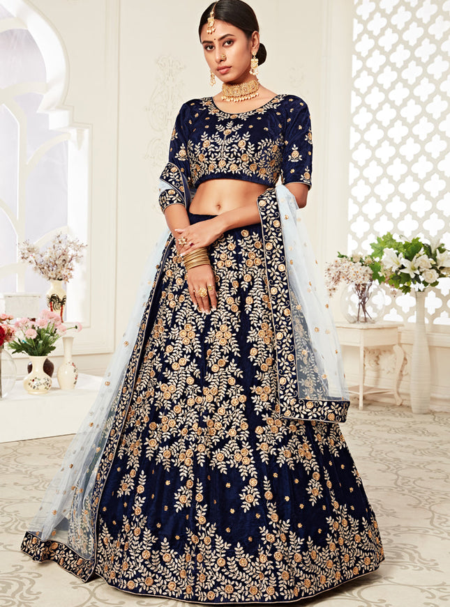 Flawless Navy Blue Velvet Embroidered Bridal Lehenga Choli