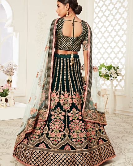 Exquisite Green Velvet Embroidered Bridal Lehenga Choli
