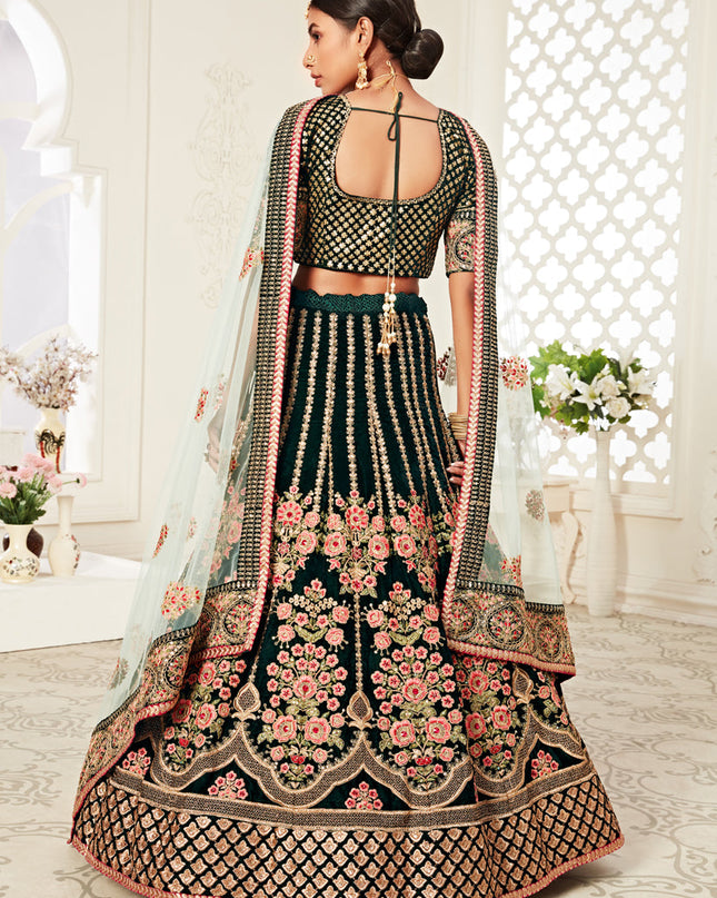 Exquisite Green Velvet Embroidered Bridal Lehenga Choli