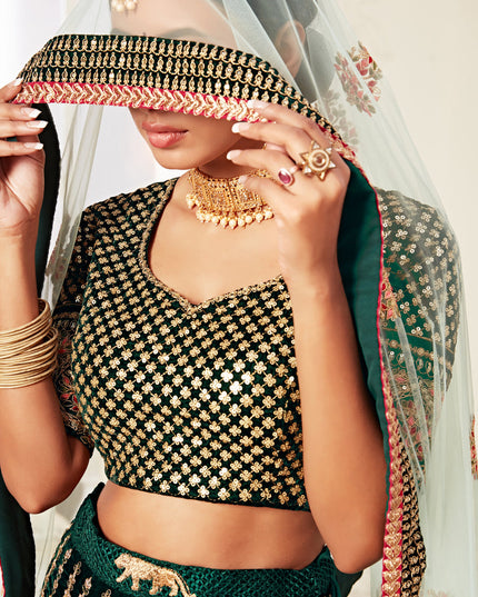 Exquisite Green Velvet Embroidered Bridal Lehenga Choli