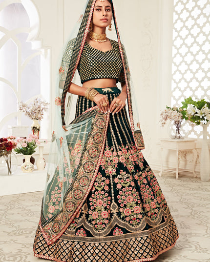 Exquisite Green Velvet Embroidered Bridal Lehenga Choli