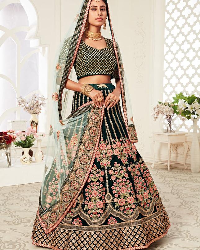 Exquisite Green Velvet Embroidered Bridal Lehenga Choli