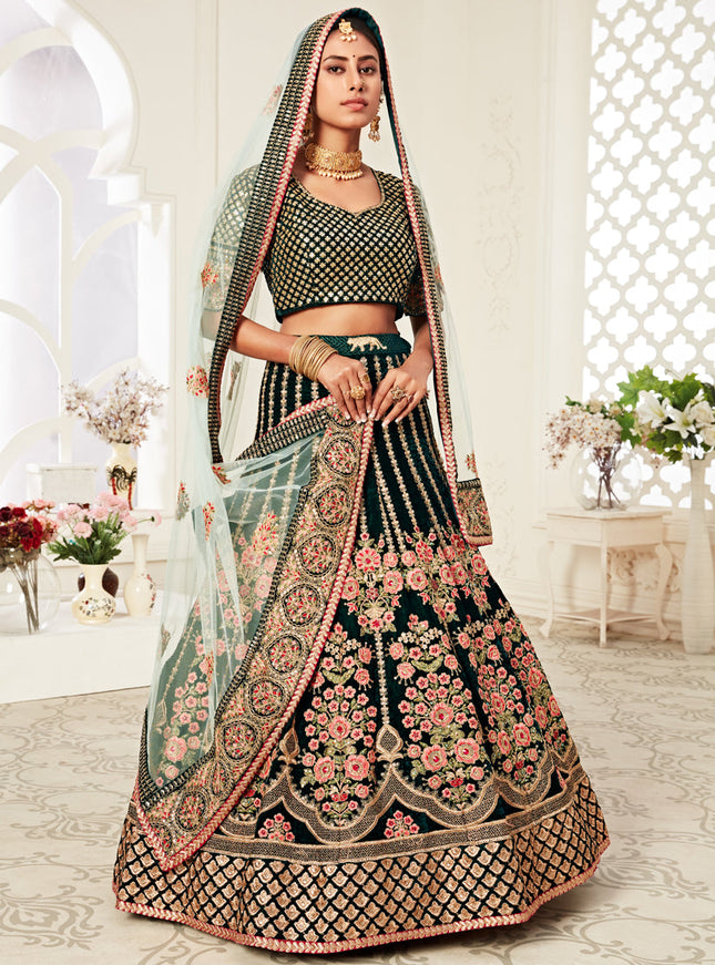 Exquisite Green Velvet Embroidered Bridal Lehenga Choli