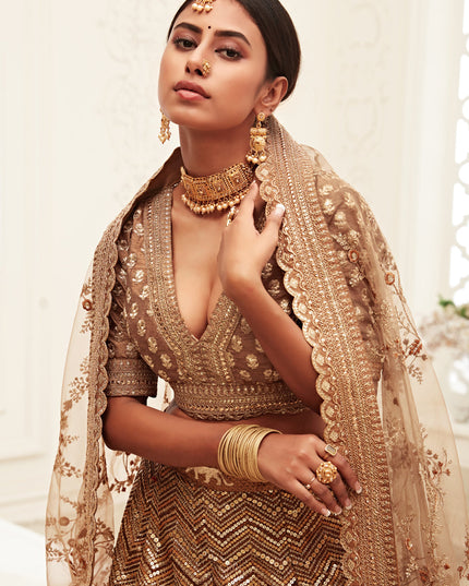 Charismatic Brown Slub Silk Embroidered Bridal Lehenga Choli