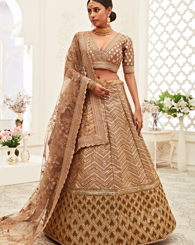Charismatic Brown Slub Silk Embroidered Bridal Lehenga Choli