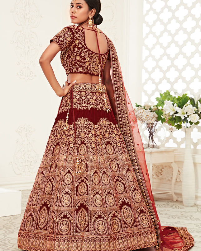 Spectacular Red Velvet Embroidered Bridal Lehenga Choli