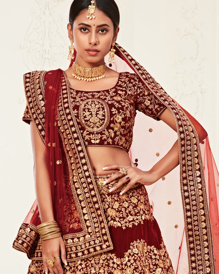 Spectacular Red Velvet Embroidered Bridal Lehenga Choli