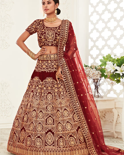 Spectacular Red Velvet Embroidered Bridal Lehenga Choli