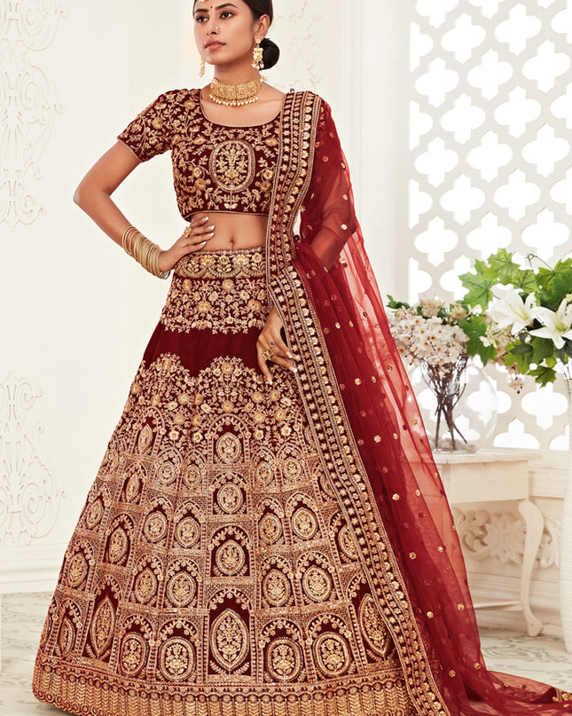 Spectacular Red Velvet Embroidered Bridal Lehenga Choli