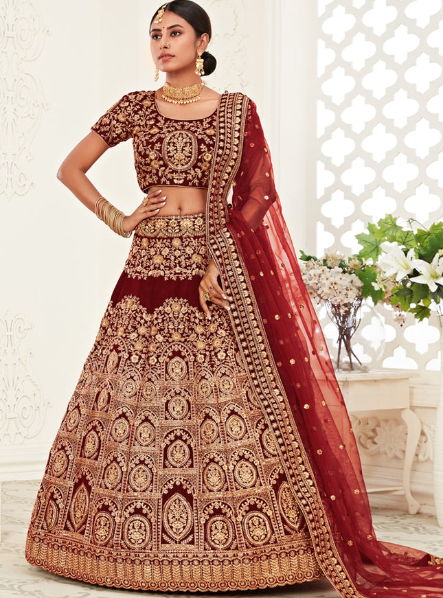 Spectacular Red Velvet Embroidered Bridal Lehenga Choli