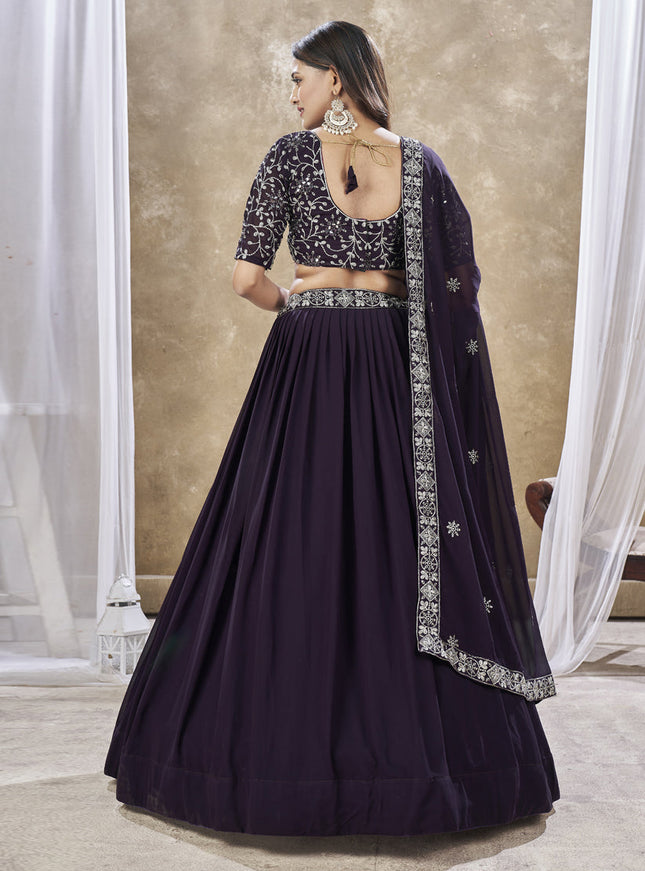 Burgundy Faux Georgette Embroidered Wedding Lehenga Choli