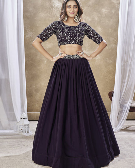 Burgundy Faux Georgette Embroidered Wedding Lehenga Choli