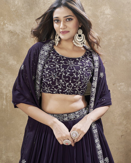 Burgundy Faux Georgette Embroidered Wedding Lehenga Choli