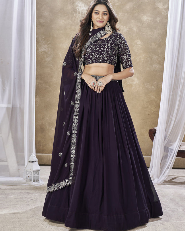 Burgundy Faux Georgette Embroidered Wedding Lehenga Choli