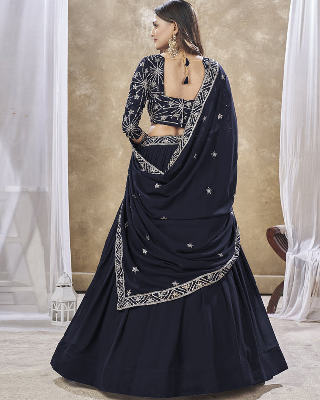 Midnight Blue Faux Georgette Embroidered Wedding Lehenga Choli
