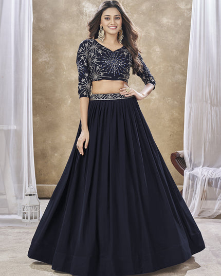 Midnight Blue Faux Georgette Embroidered Wedding Lehenga Choli