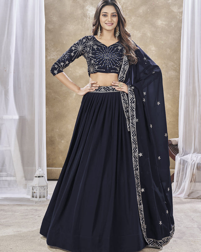 Midnight Blue Faux Georgette Embroidered Wedding Lehenga Choli