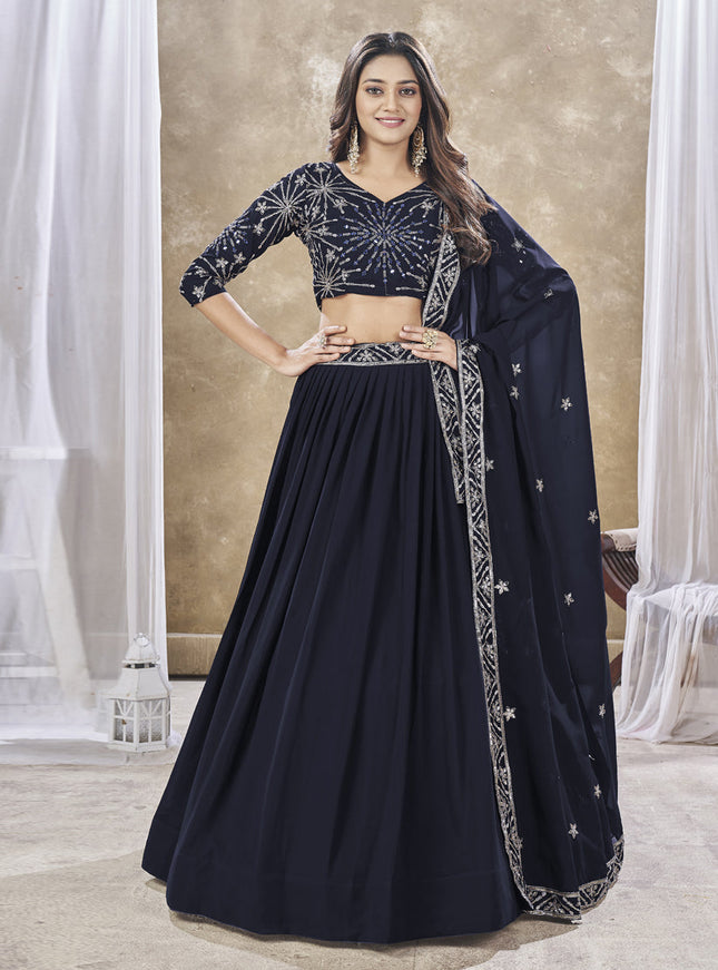Midnight Blue Faux Georgette Embroidered Wedding Lehenga Choli