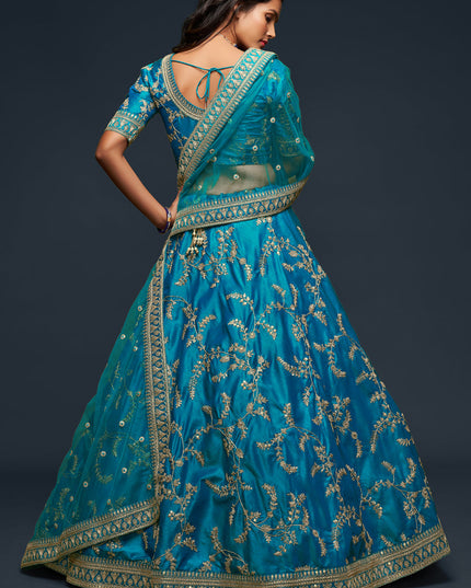 Pretty Teal Blue Art Silk Wedding Lehenga Choli