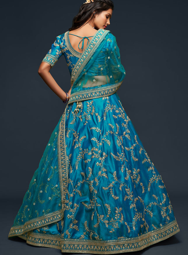 Pretty Teal Blue Art Silk Wedding Lehenga Choli