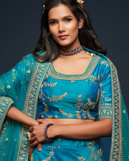 Pretty Teal Blue Art Silk Wedding Lehenga Choli