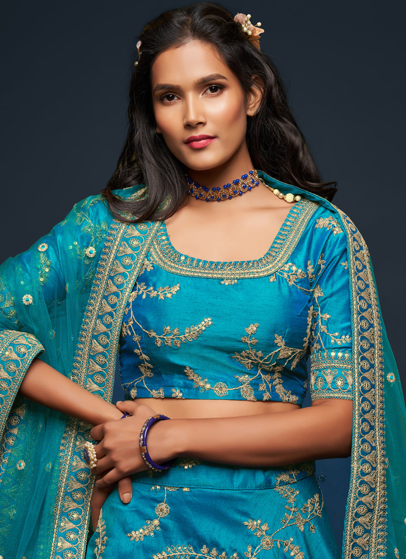 Pretty Teal Blue Art Silk Wedding Lehenga Choli