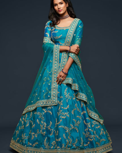 Pretty Teal Blue Art Silk Wedding Lehenga Choli