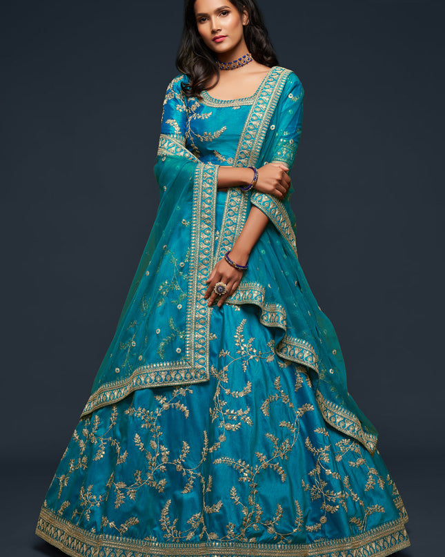 Pretty Teal Blue Art Silk Wedding Lehenga Choli